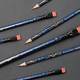 Blackwing X Preservation Hall pencils, blue barrel with gold design, black ferrule, pink eraser